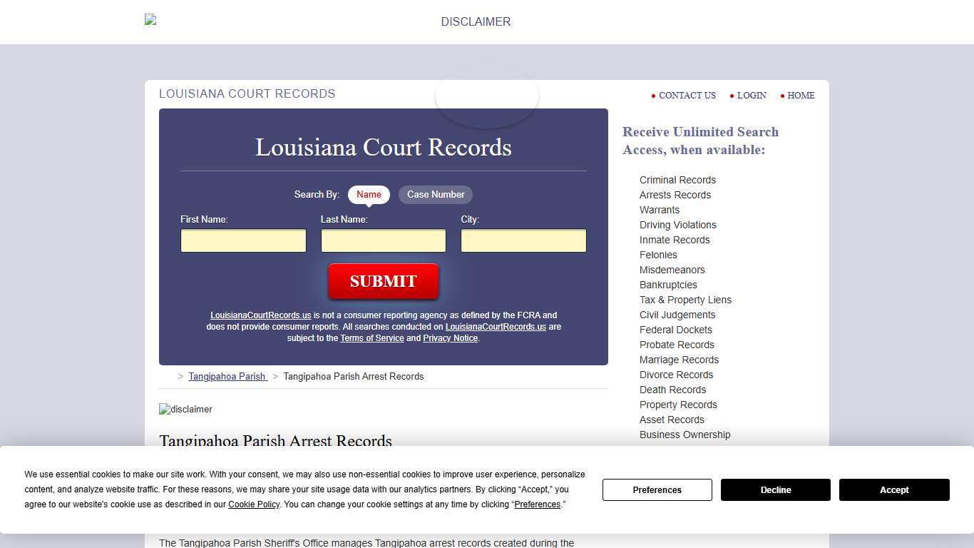 Tangipahoa Parish Arrest Records LouisianaCourtRecords.us